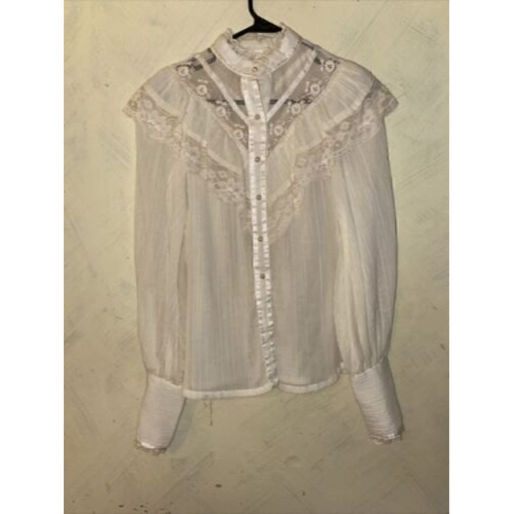 Vtg  1970s Gunne Sax Jessica's Gunnies Victorian High Neck Blouse Ivory Pearls M